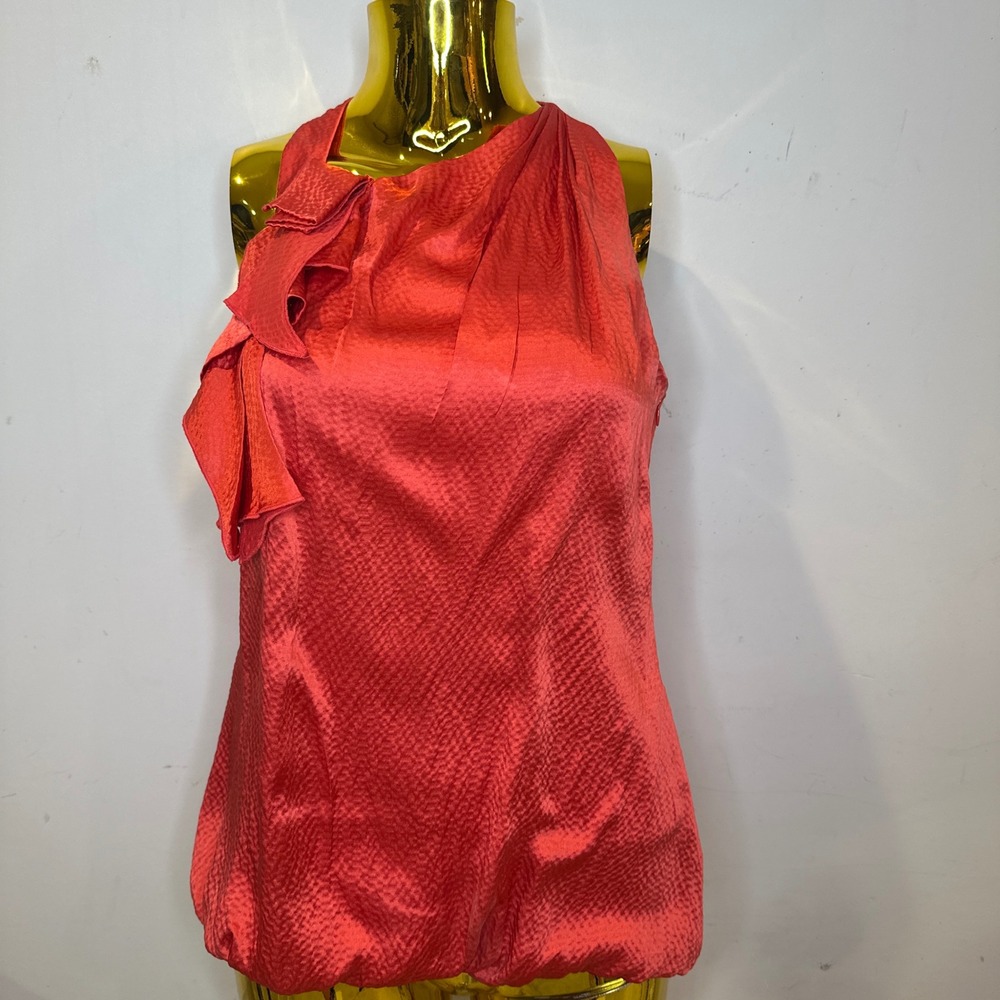 Y2k Silk Occasion Vivid Red Orange Top Ruffle Halter Blouse Sleeveless SMALL‎ 4